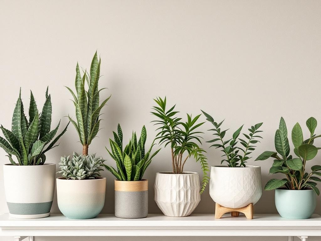 A collection of decorative plant pots with various plants on a shelf