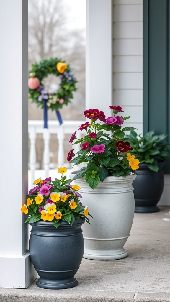 Decorative planters with colorful pansies on a winter porch.