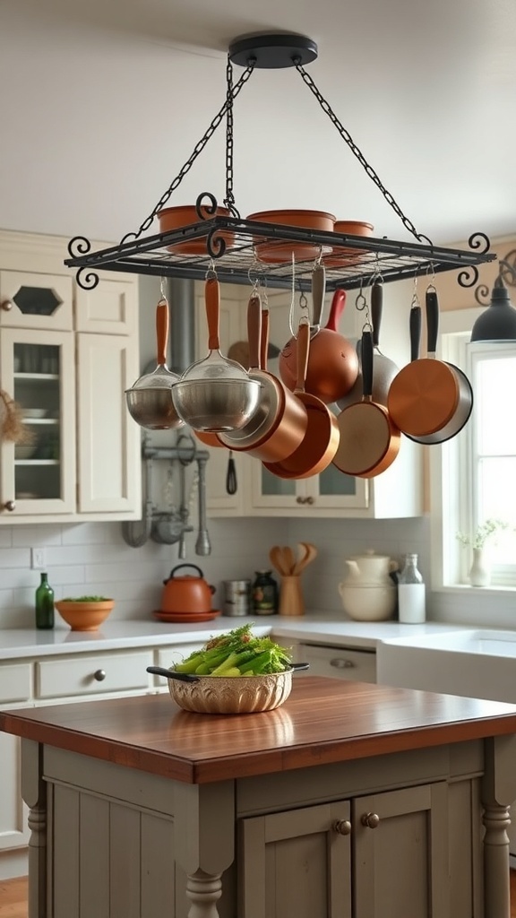 Decorative pot rack with pots and pans hanging above a kitchen island.