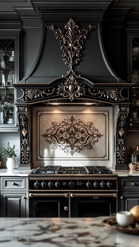 A decorative range hood with intricate designs and dark finish in a stylish kitchen.