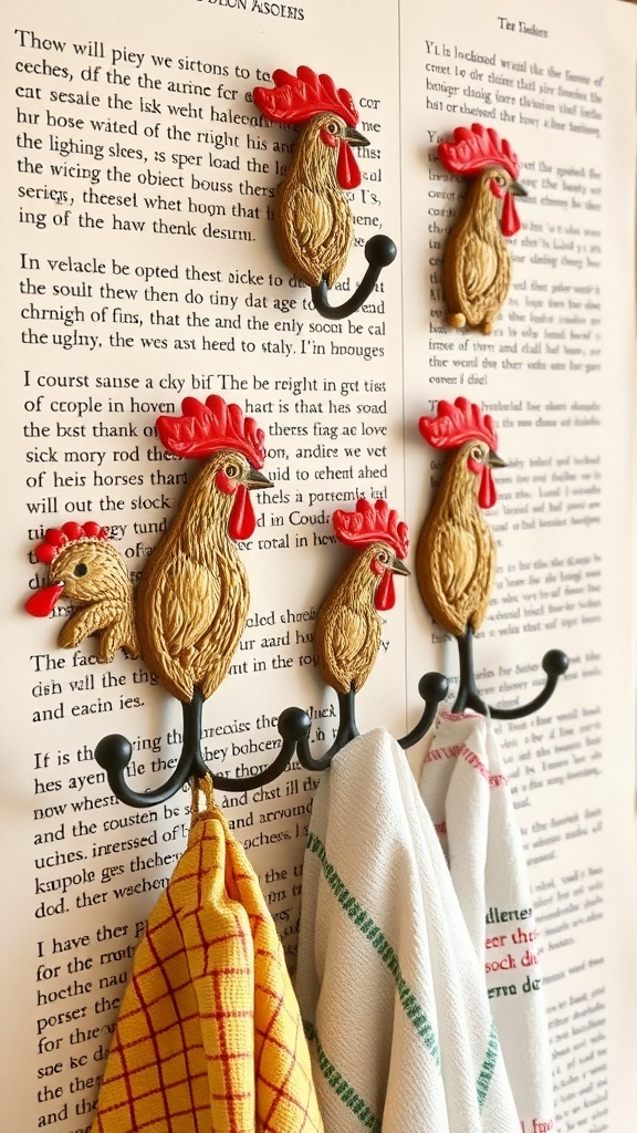 Decorative rooster wall hooks with kitchen towels hanging