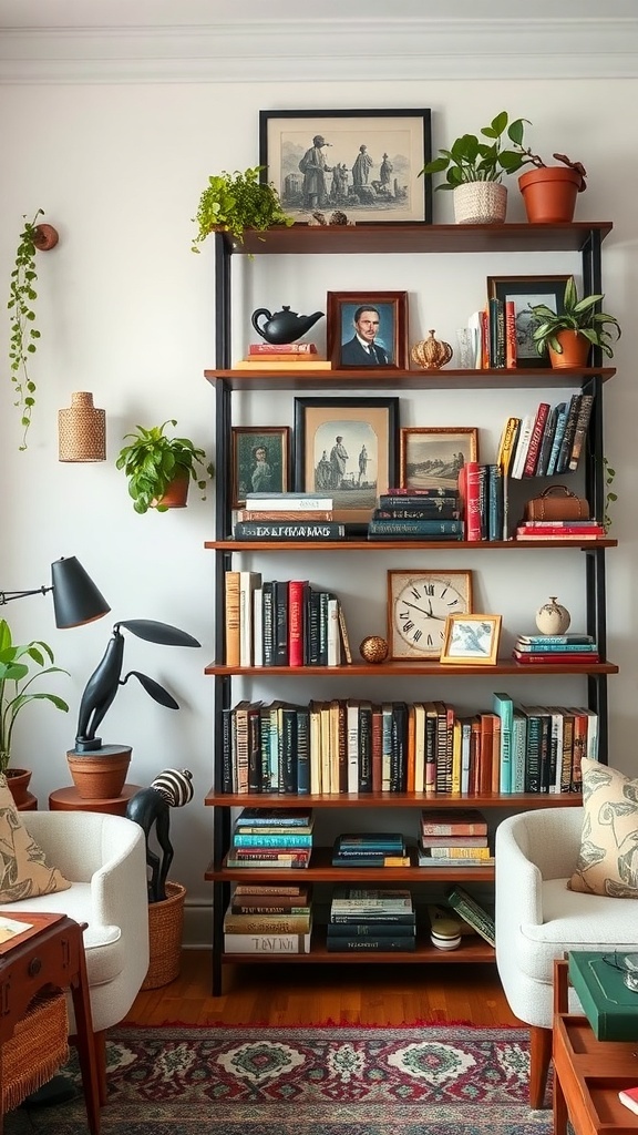 A cozy cottage living room with decorative shelves displaying books, plants, and framed pictures.