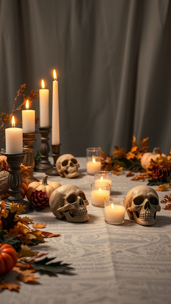 A decorative Halloween table setting featuring skulls, candles, and autumn leaves.
