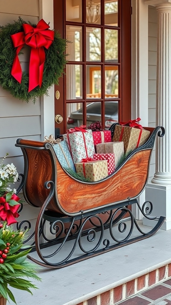A decorative sleigh filled with colorful gifts on a front porch, with a festive wreath on the door.