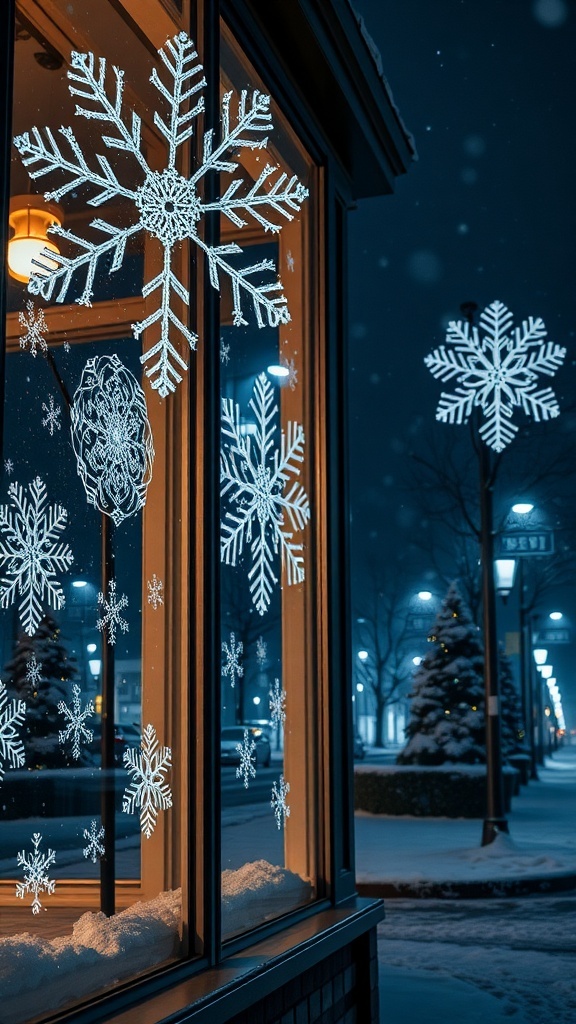 Decorative snowflakes on windows with a snowy street view outside