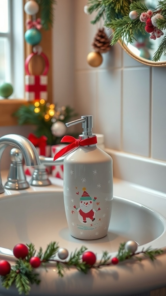A decorative soap dispenser featuring a Santa design, placed on a bathroom sink surrounded by holiday decor.