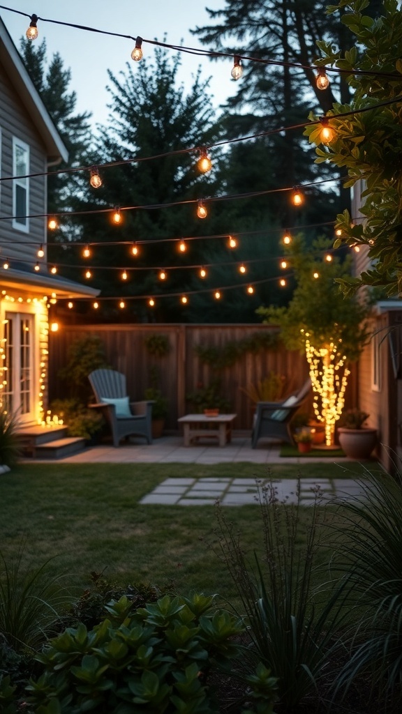 A backyard with decorative string lights illuminating the space.