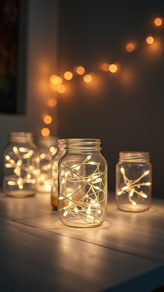 Decorative string lights inside glass jars on a table