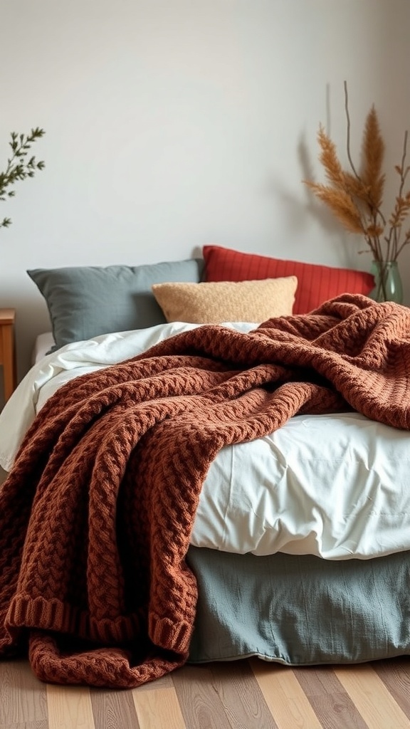 A cozy bedroom with a rust-colored knit blanket draped over a bed, complemented by soft pillows and natural decor.