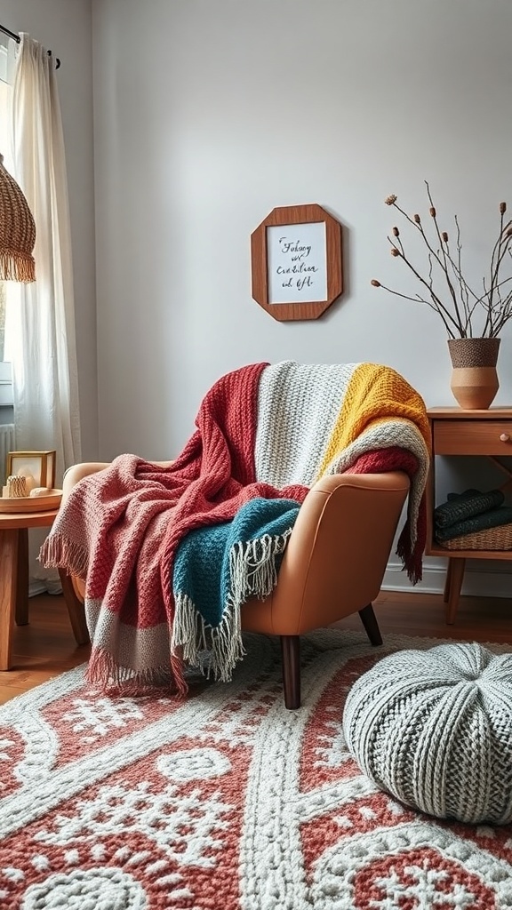 A cozy chair with colorful throws and blankets, enhancing a winter bedroom aesthetic.
