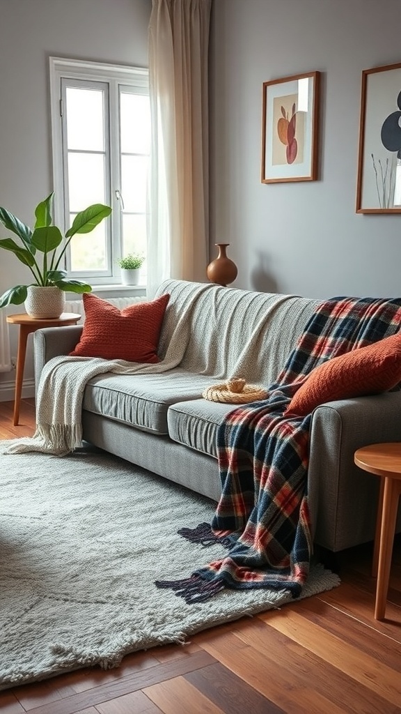 A cozy winter living room with a sofa adorned with decorative throws and blankets.