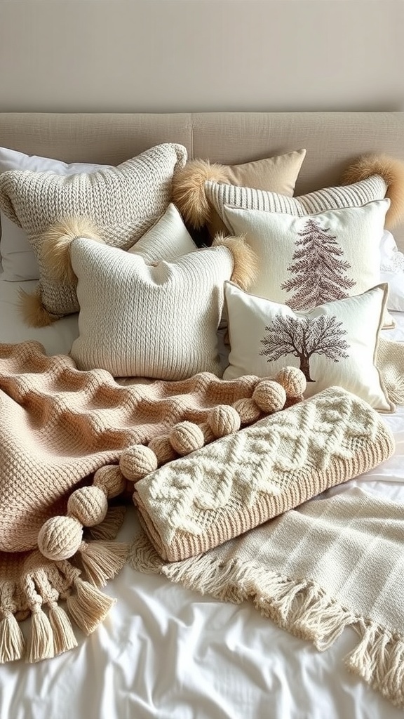 A cozy winter bedroom setup with decorative throws and pillows.