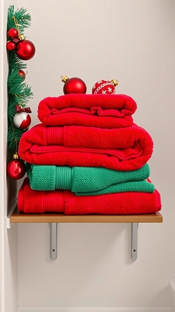 Stacked red and green towels with Christmas ornaments on a shelf.