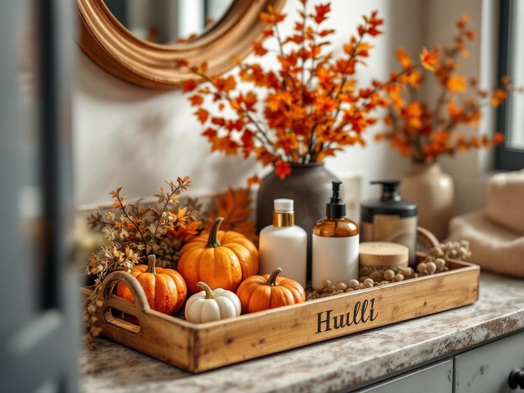 A wooden decorative tray filled with small pumpkins, skincare products, and autumn leaves, set on a bathroom countertop.