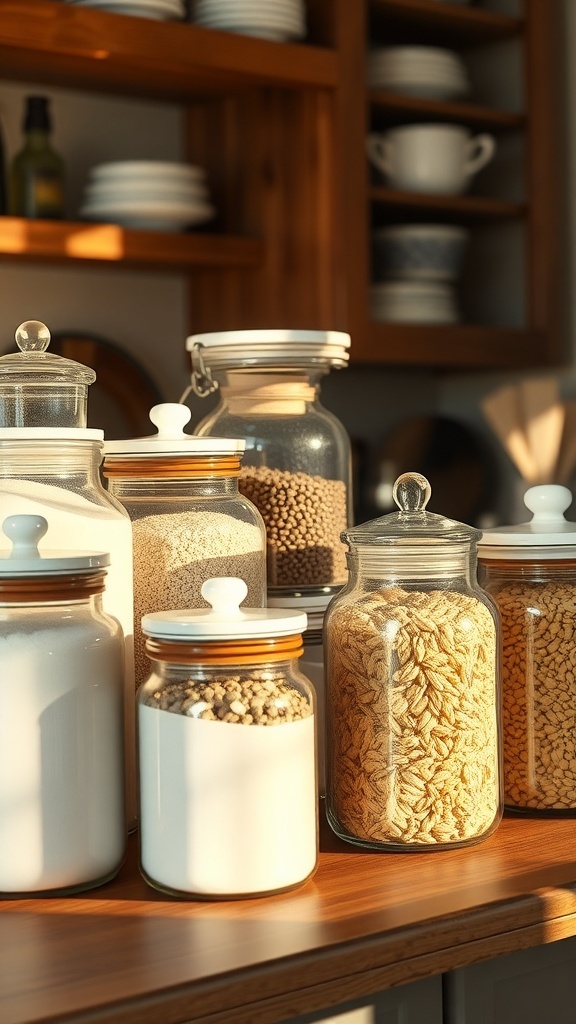 A collection of decorative vintage jars on a kitchen shelf, showcasing various contents.