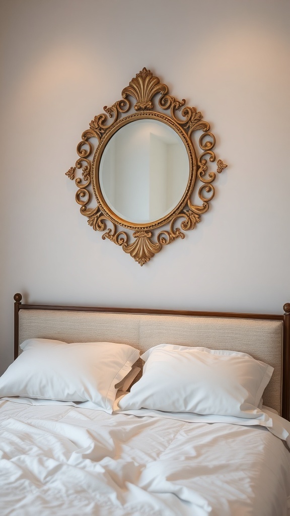 A decorative round mirror with an ornate golden frame above a bed with white pillows.