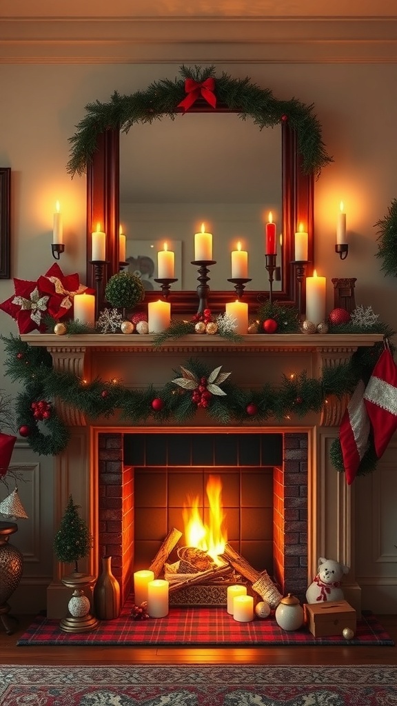 A beautifully decorated winter mantelpiece with candles, greenery, and festive ornaments.