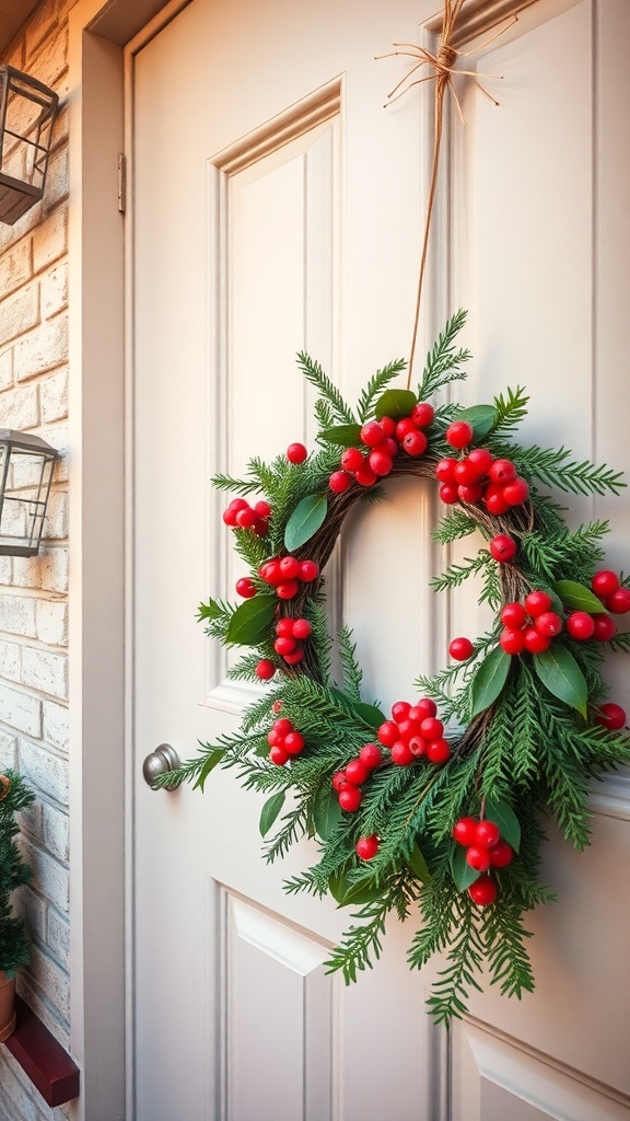 A decorative wreath with red berries hanging on a door.