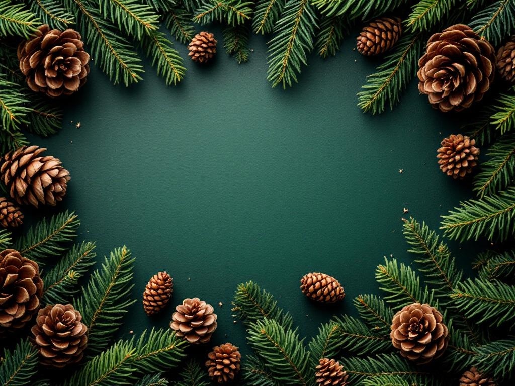 An arrangement of evergreen branches and pine cones on a deep green background.