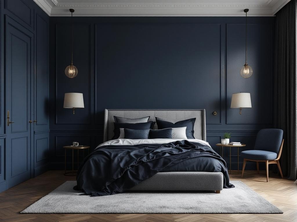 A stylish bedroom with deep navy walls, gray bedding, and warm lighting.