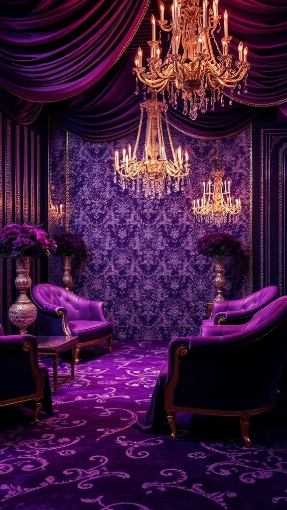 A luxurious room with deep purple decor and silver accents, featuring elegant chandeliers and plush seating.