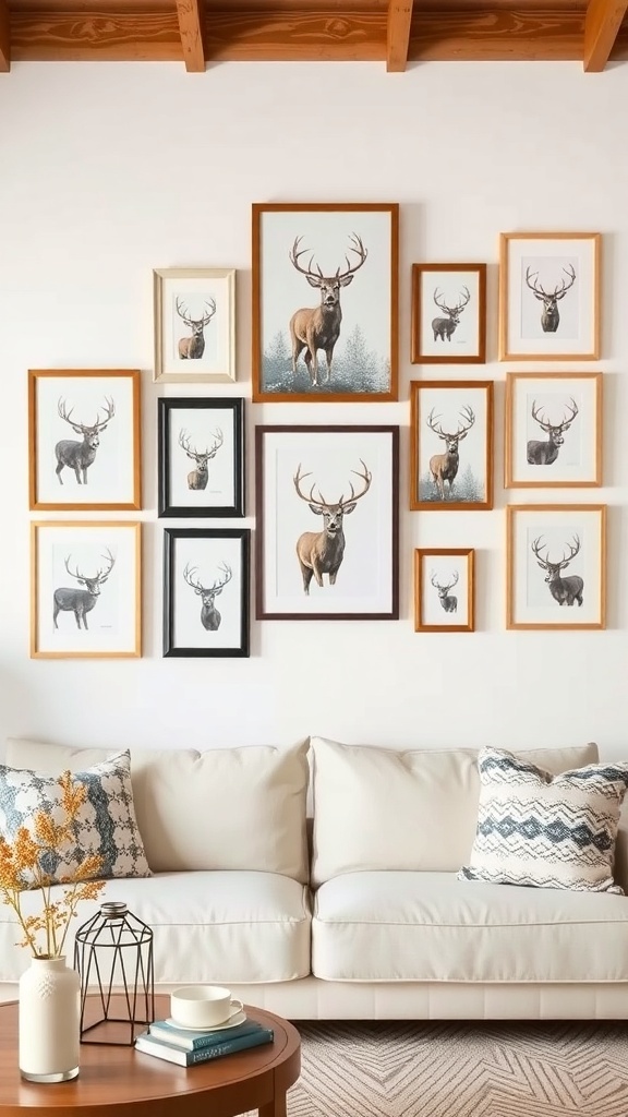 Gallery wall featuring various framed deer artworks in a living room setting