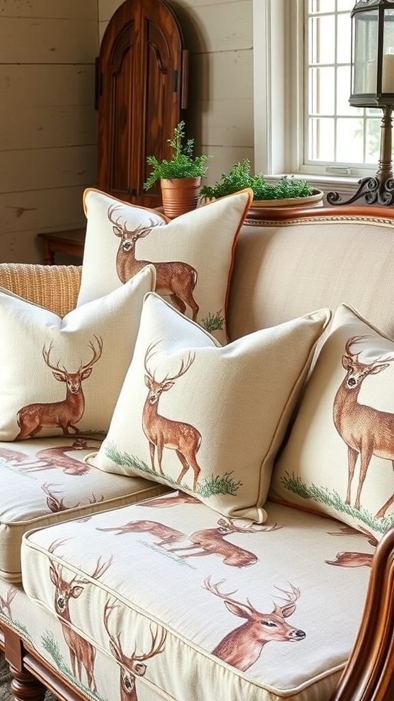 A cozy living room with deer-themed throw pillows on a striped couch.
