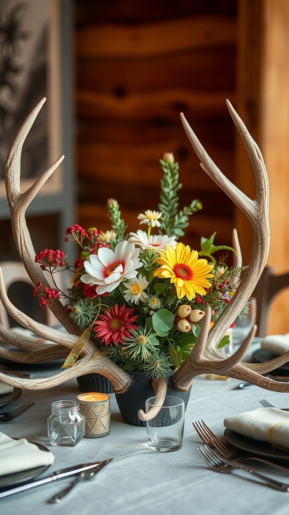A decorative centerpiece featuring deer antlers and vibrant flowers.