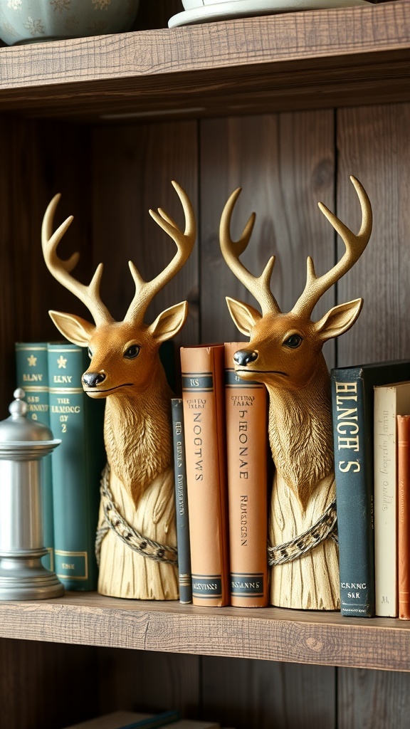 Decorative deer head bookends on a wooden shelf with books