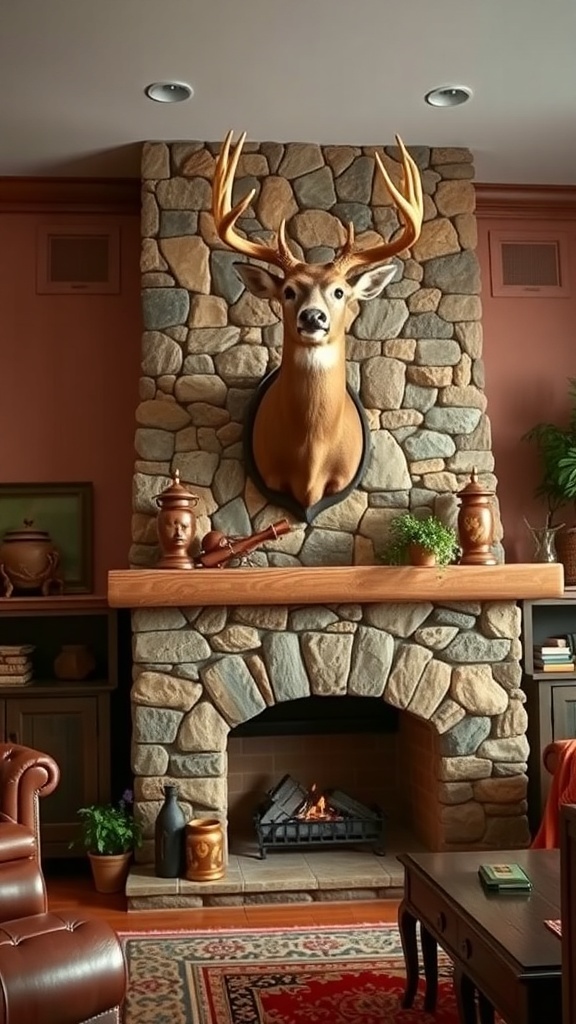 A deer head mounted on a stone fireplace in a cozy living room.