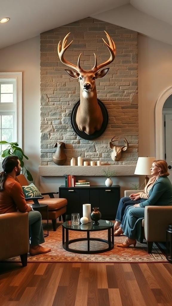 A cozy living room with deer mounts on the wall, featuring two people sitting and chatting.
