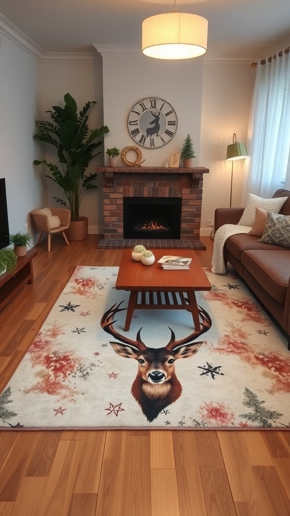 A cozy living room featuring a deer print area rug, a wooden coffee table, and a brick fireplace.