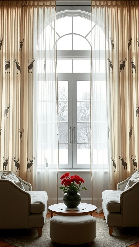 Living room with deer silhouette curtains and cozy seating