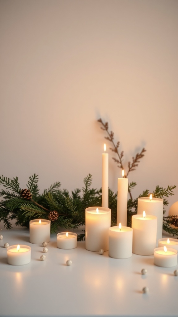A collection of white candles arranged with greenery for minimal Christmas decor.