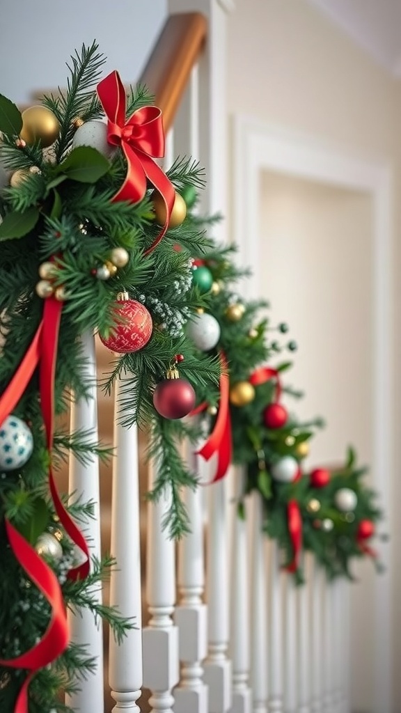 Christmas garlands with ornaments and ribbons on a staircase railing