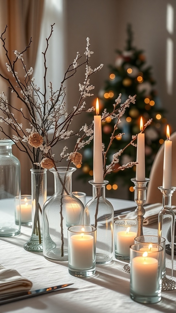 A winter table setting with delicate glass vases, candles, and branches, creating a warm atmosphere.