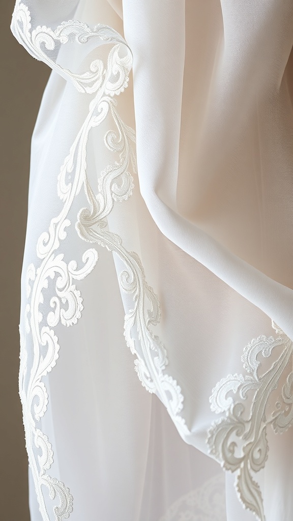 A close-up of delicate lace fabric with intricate designs.