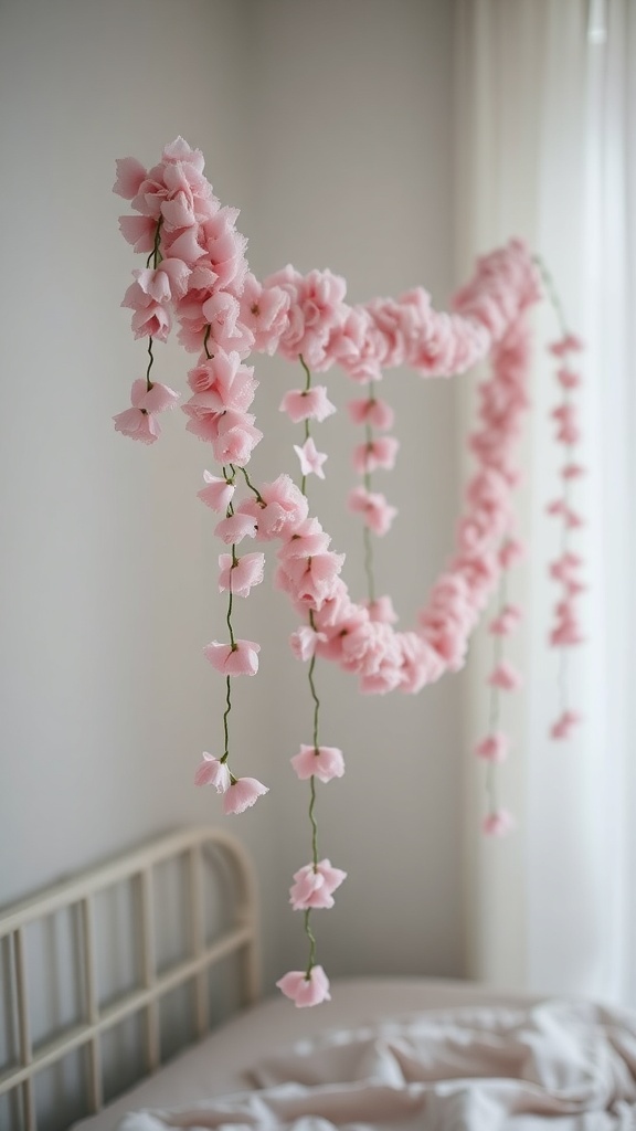 A delicate pink garland hanging in a cozy bedroom