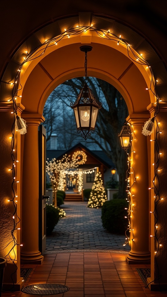 A beautifully lit entryway with string lights creating a warm and inviting atmosphere.