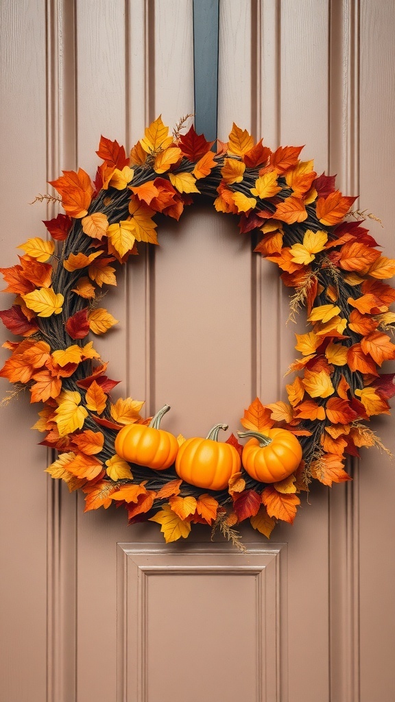 A colorful autumn leaf wreath with orange and yellow leaves and three small pumpkins, hanging on a door.