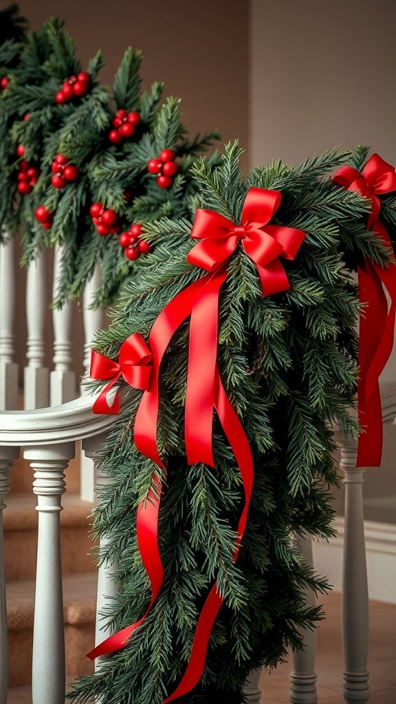 A beautifully decorated garland with red bows and berries draped over a staircase railing.