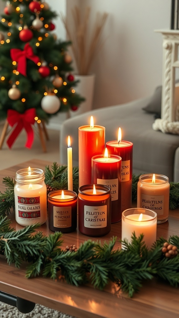 A collection of holiday scented candles on a table, surrounded by greenery and a Christmas tree in the background.