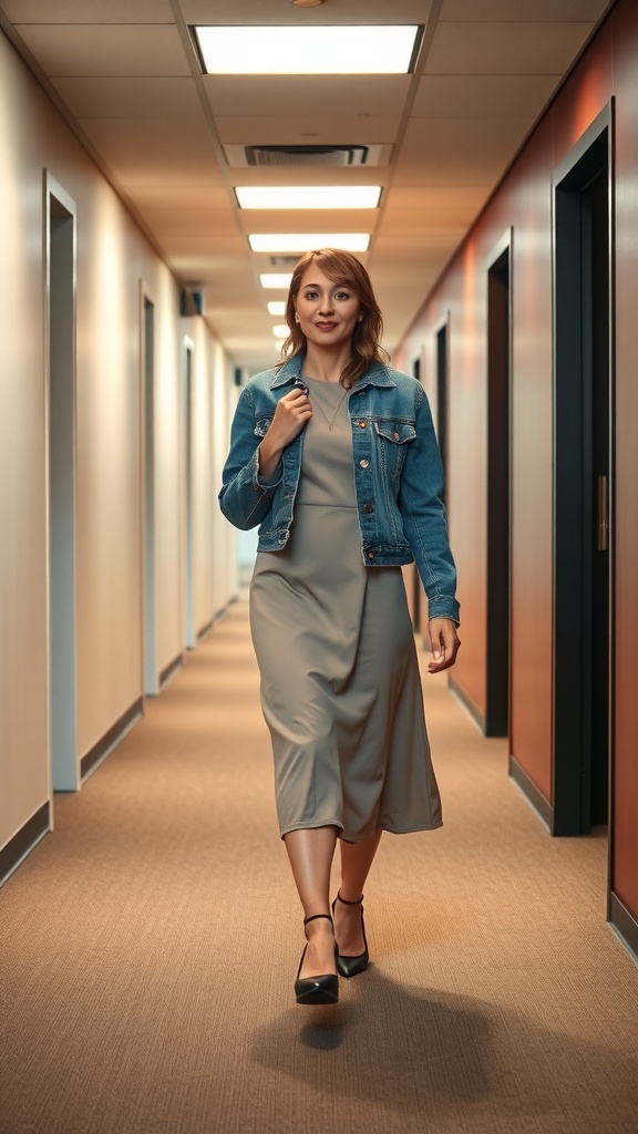 A woman walking in a hallway wearing a denim jacket over a midi dress.