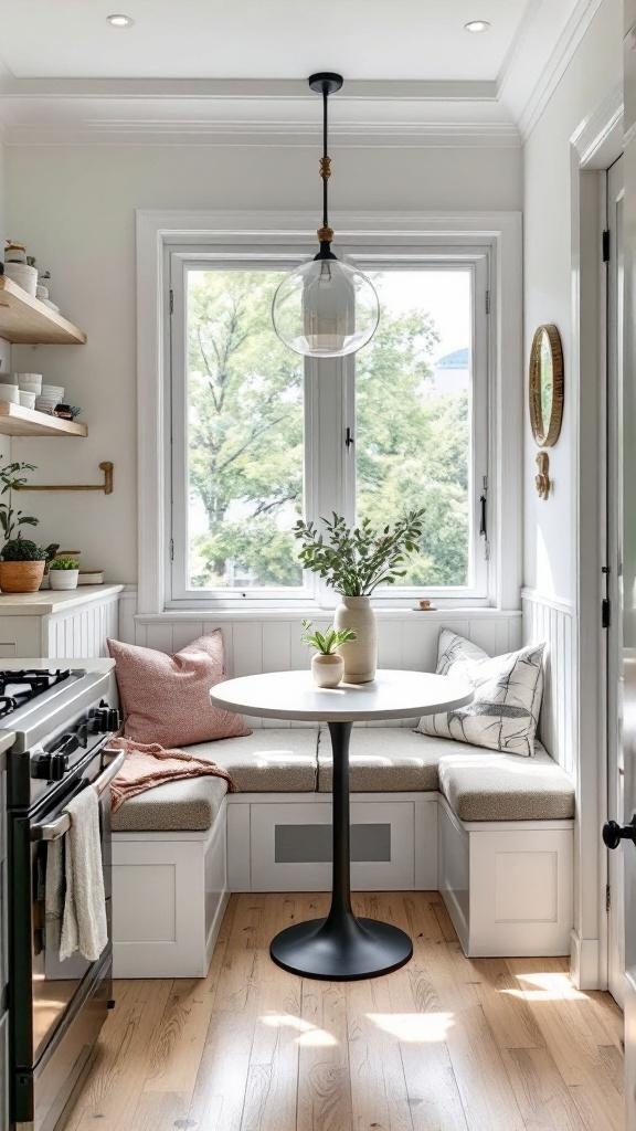 Cozy breakfast nook in a small kitchen with built-in seating and a round table.