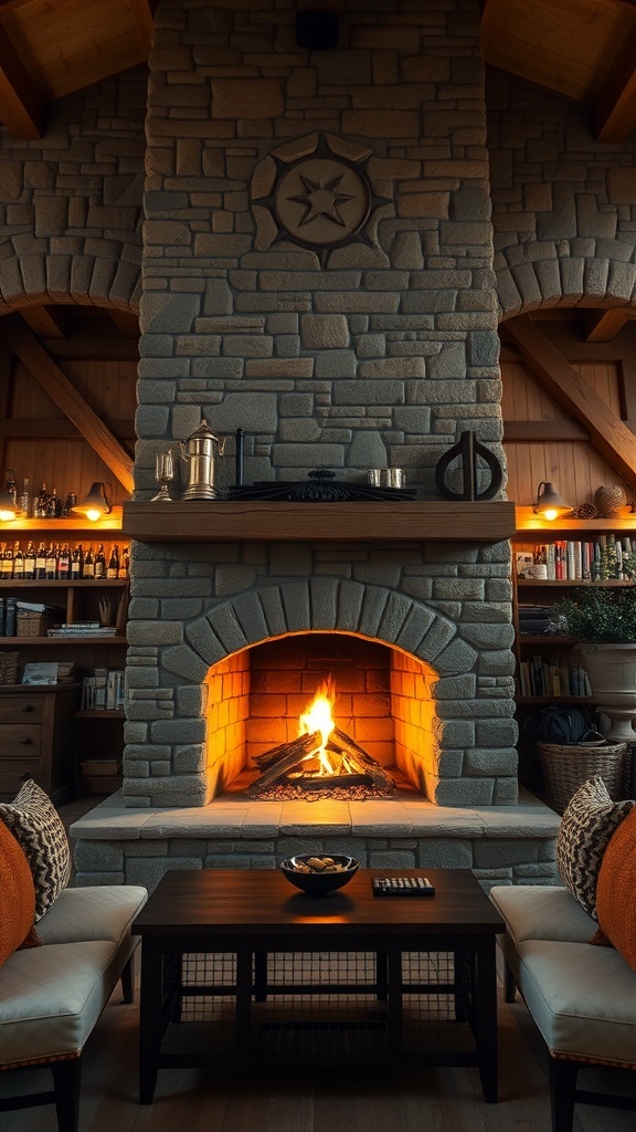 A rustic stone fireplace with a warm fire, surrounded by cozy seating and a coffee table.