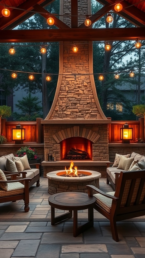 A cozy outdoor fireplace with stone structure, surrounded by comfortable seating and warm lighting.