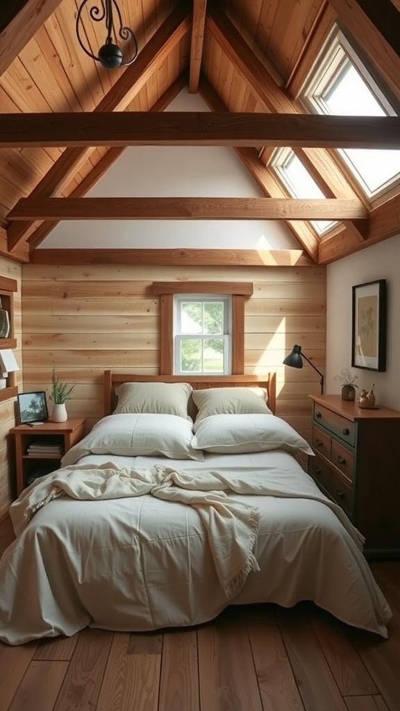 Cozy sleeping loft in a rustic tiny house with wooden beams and natural light.