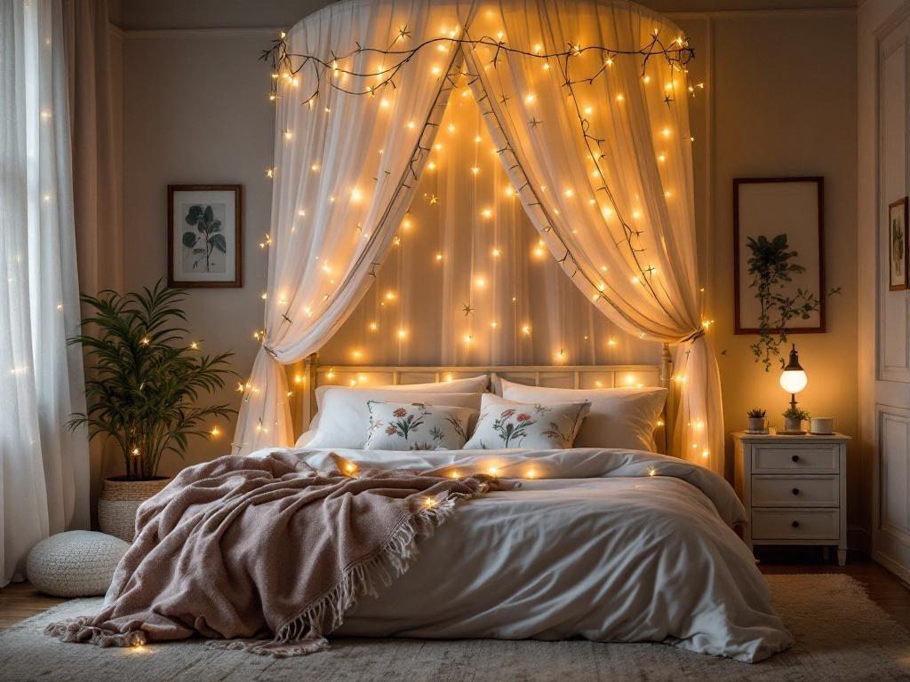 A cozy bedroom with a canopy draped in lights, featuring soft bedding and a plant.
