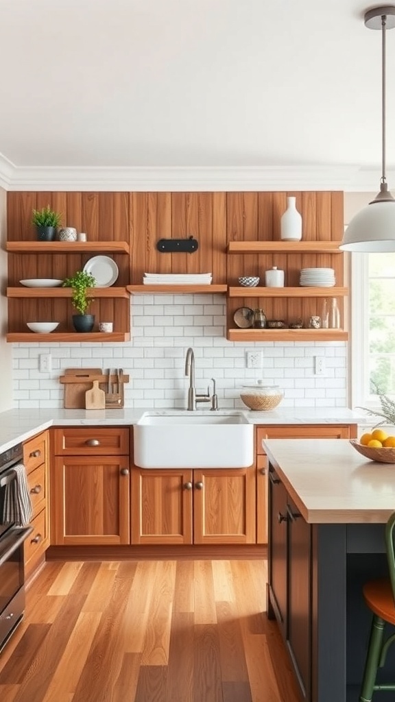 A modern kitchen featuring a farmhouse sink with wooden cabinets and open shelving.