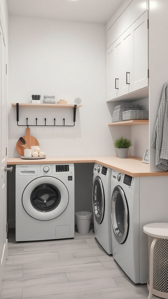 A small laundry room with a washer and dryer, wooden countertop, open shelves, and wall-mounted hooks.